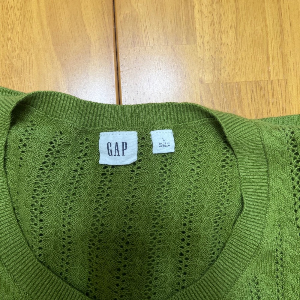 Gap Green Pointelle Cable Knit Button Front Cardigan Sweater Crew Neck Large - Picture 7 of 7